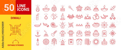 Set of 50 Diwali icons decoration vector web icons for report, presentation, diagram, web design, mobile app.