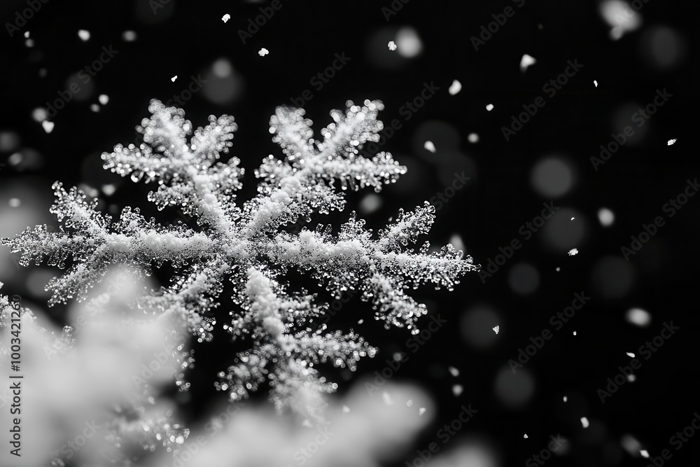 snowflakes gently falling against a stark black background creating a striking contrast that evokes a winter wonderland feel ideal as a graphic resource for design projects or holiday themes