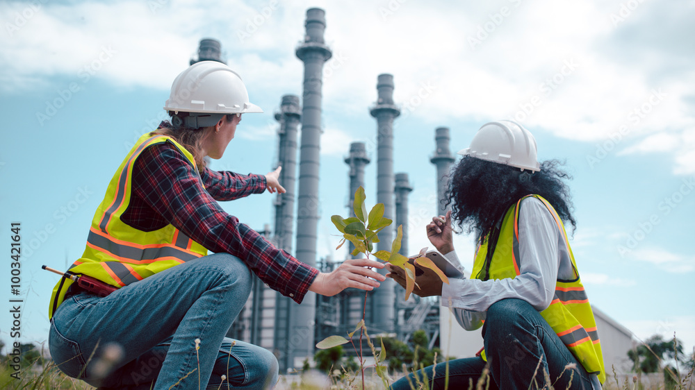 Engineers wear safety gear inspecting or document related to plants environment features large industrial chimneys related energy industrial work and environmental monitor carbon credit concept. Engineers wear safety gear inspecting or document related to plants environment features large industrial chimneys related energy industrial work and environmental monitor carbon credit concept.