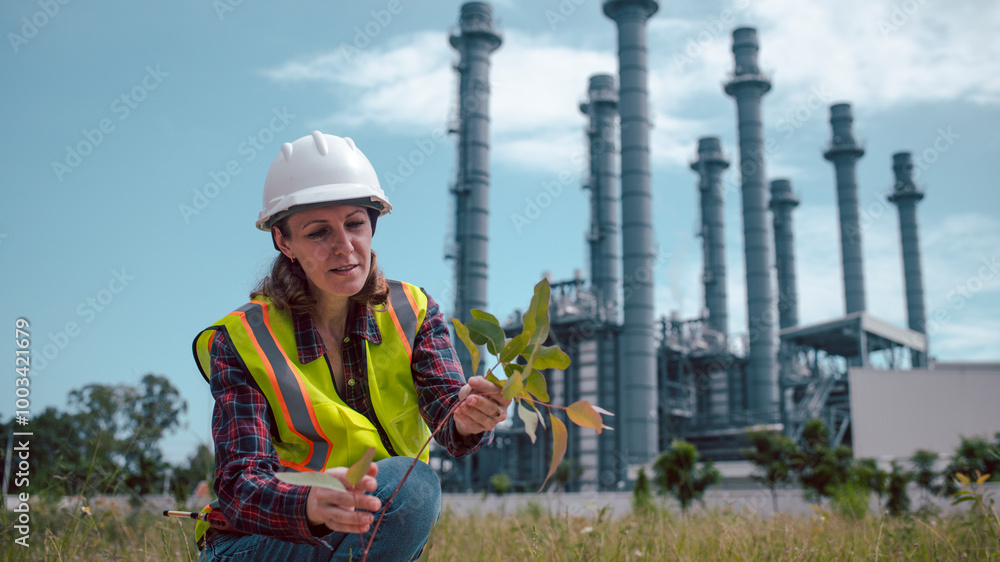 Engineers wear safety gear inspecting or document related to plants environment features large industrial chimneys related energy industrial work and environmental monitor carbon credit concept. Engineers wear safety gear inspecting or document related to plants environment features large industrial chimneys related energy industrial work and environmental monitor carbon credit concept.