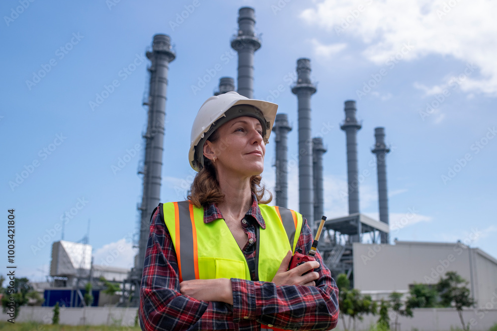 Engineers wearing safety gear, including hard hats examining survey a large blueprint tablet standing industrial facility gas or oil refinery engaged in a job requires high safety standards concept Engineers wearing safety gear, including hard hats examining survey a large blueprint tablet standing industrial facility gas or oil refinery engaged in a job requires high safety standards concept