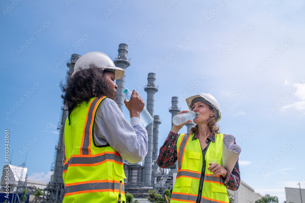 Engineers wearing safety gear, including hard hats examining survey a large blueprint tablet standing industrial facility gas or oil refinery engaged in a job requires high safety standards concept Engineers wearing safety gear, including hard hats examining survey a large blueprint tablet standing industrial facility gas or oil refinery engaged in a job requires high safety standards concept