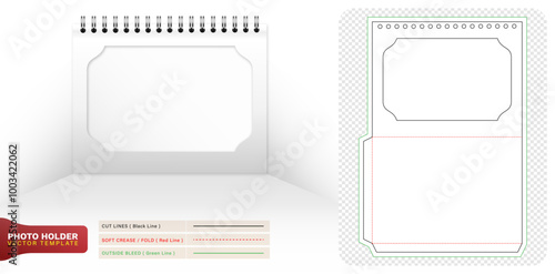 Die cut Photo holder spiral binding blank papers templates isolated for your designs, packaging branding, product compartment unique designs, minimalist conceptual holder, stationery packs, 3d mock-up