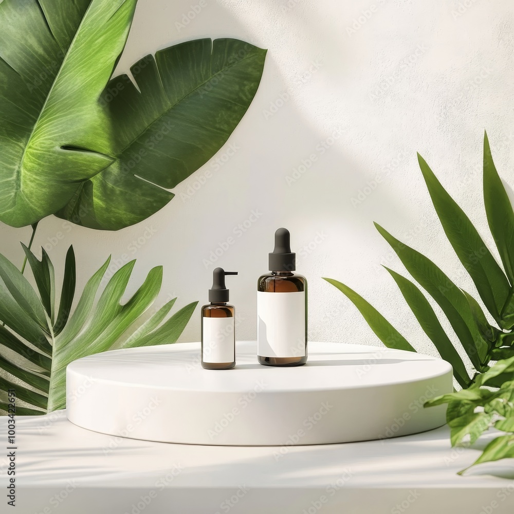 3d render of cosmetic products on white podium with tropical leaves background 3d render of cosmetic products on white podium with tropical leaves background