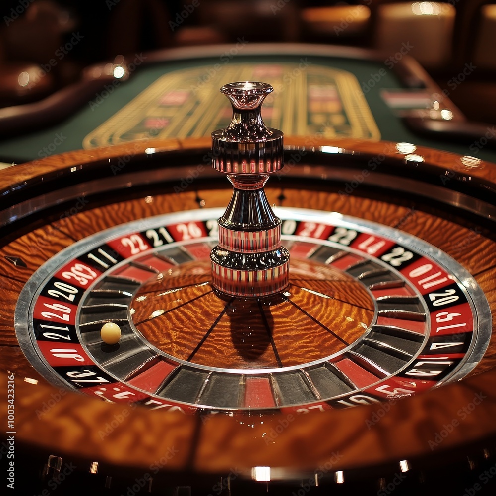 Casino roulette wheel with black croupier in the background Casino roulette wheel with black croupier in the background