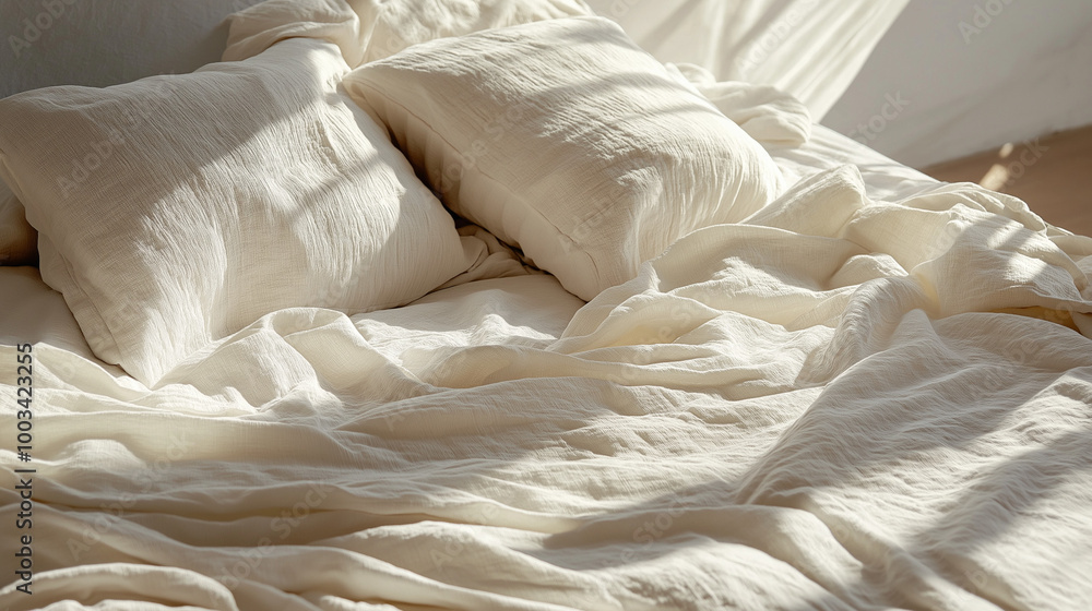an unmade bed with white linens slightly rumpled, softly lit by morning light