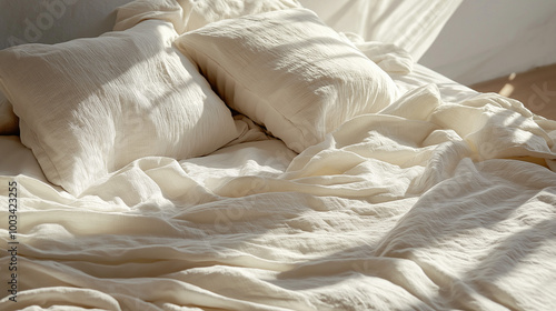 an unmade bed with white linens slightly rumpled, softly lit by morning light