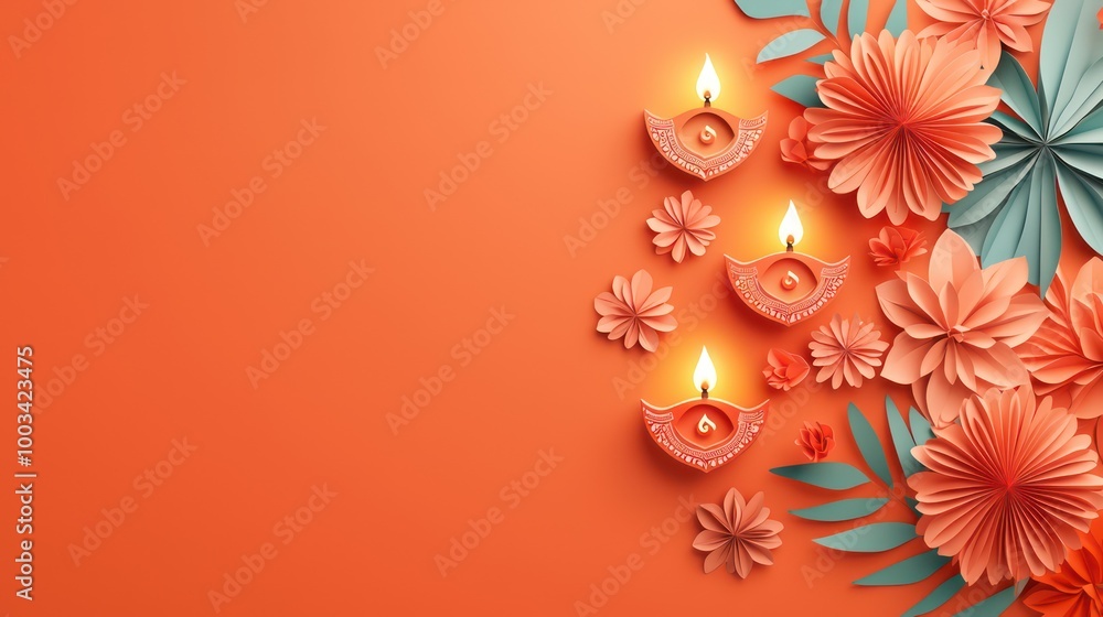 Obraz premium Festive Diwali Decorations: Glowing Diyas and Paper Art Patterns for Party Invitations