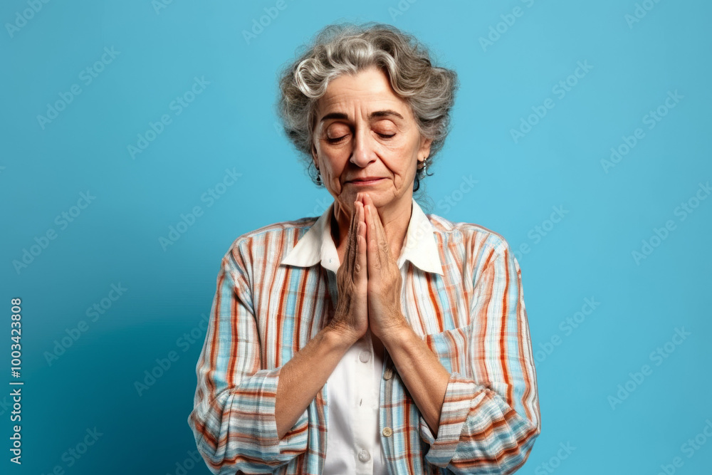 Senior Woman Praying with Closed Eyes on Blue Background Senior Woman Praying with Closed Eyes on Blue Background