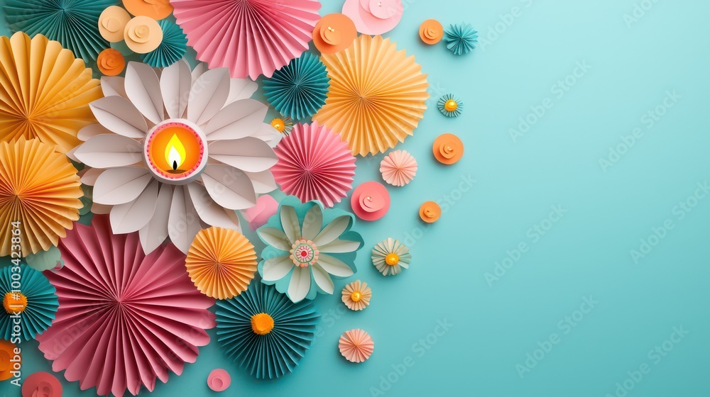 Obraz premium Glowing Paper Art Lanterns and Diyas Against Colorful Diwali Banner Background