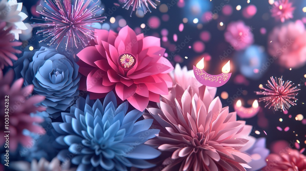 Glowing Paper Art Diyas Adorned in Diwali Night Sky with Fireworks - Perfect for Party Invitations Glowing Paper Art Diyas Adorned in Diwali Night Sky with Fireworks - Perfect for Party Invitations