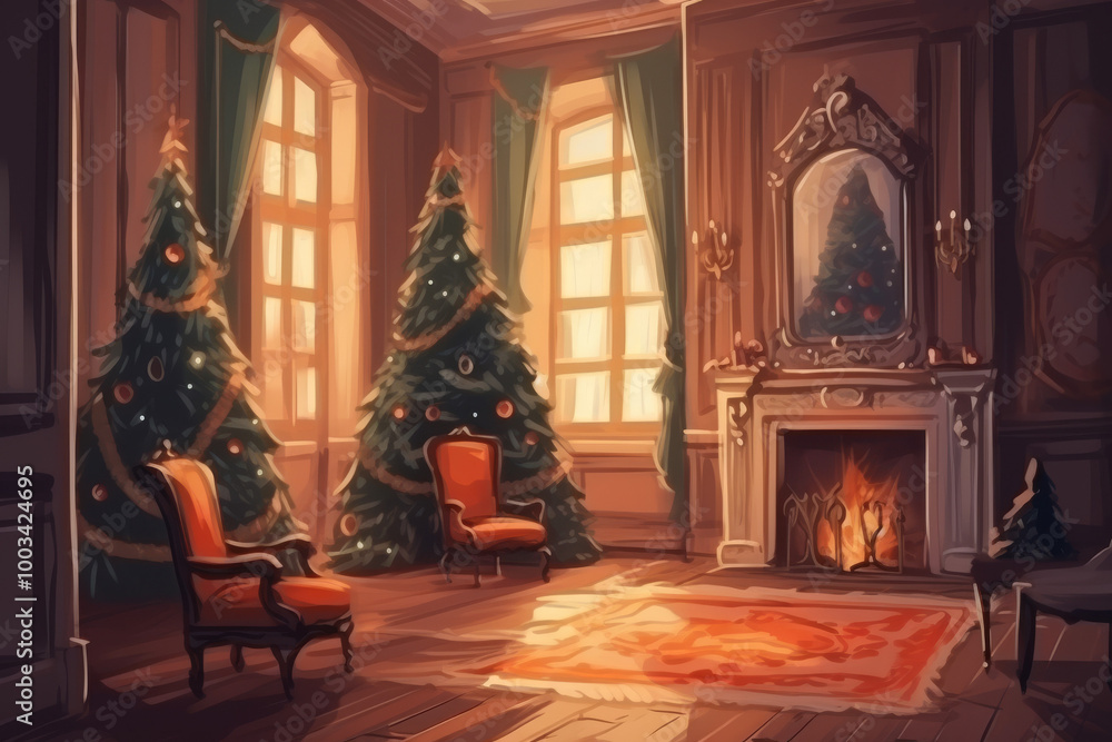 Fototapeta premium Cozy Christmas Living Room with Fireplace Decorated Christmas Tree and Two Chairs
