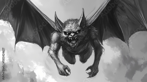 Mad fae with bat wings and horns, scowling face, ready to bite or blast. Fae. Illustration