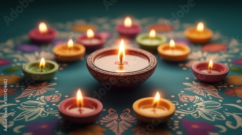 Vibrant Diwali Rangoli Illuminated by Glowing Oil Lamps - Indian Festival Celebration