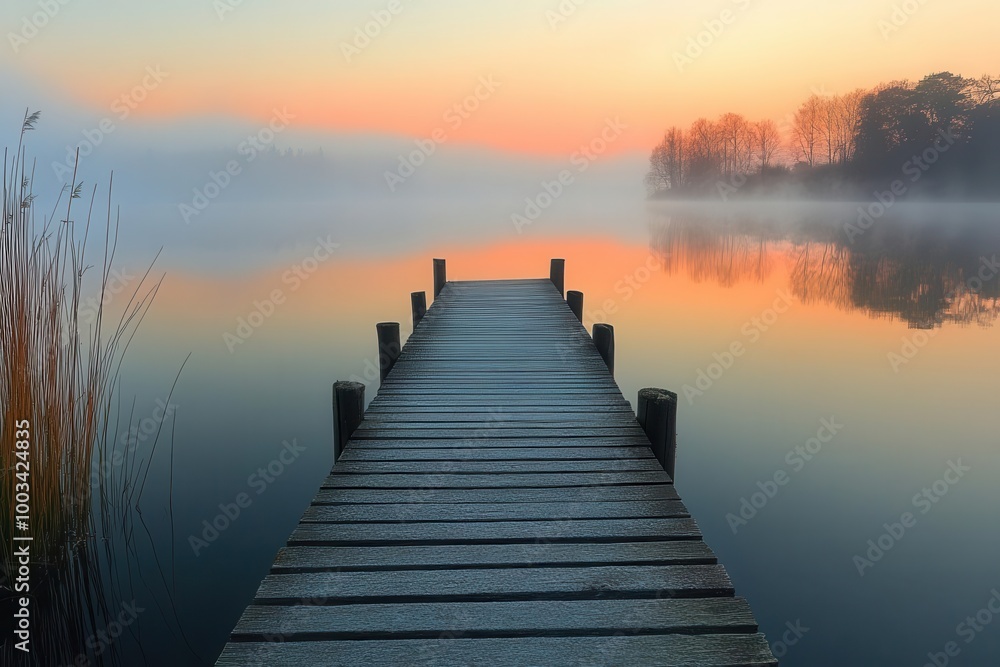 tranquil lake dock at sunrise enveloped in soft morning fog calm water reflecting warm hues of orange and pink creating a serene atmosphere perfect for relaxation tranquil lake dock at sunrise enveloped in soft morning fog calm water reflecting warm hues of orange and pink creating a serene atmosphere perfect for relaxation