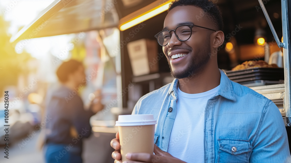 Promoting happiness and lifestyle, man enjoying takeaway coffee at outdoor food truck Promoting happiness and lifestyle, man enjoying takeaway coffee at outdoor food truck