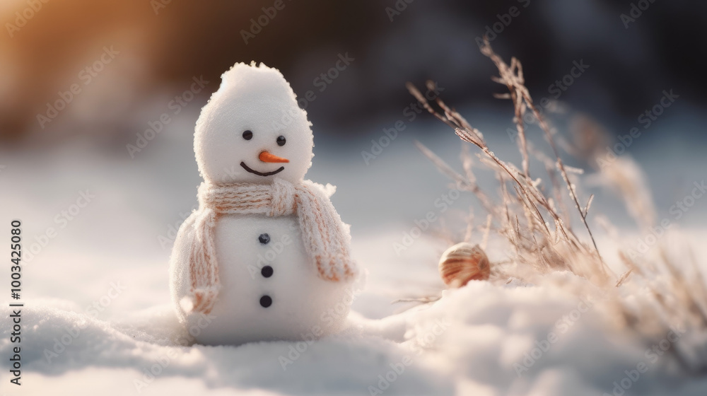 Obraz premium Cute Snowman with Scarf in Winter Wonderland