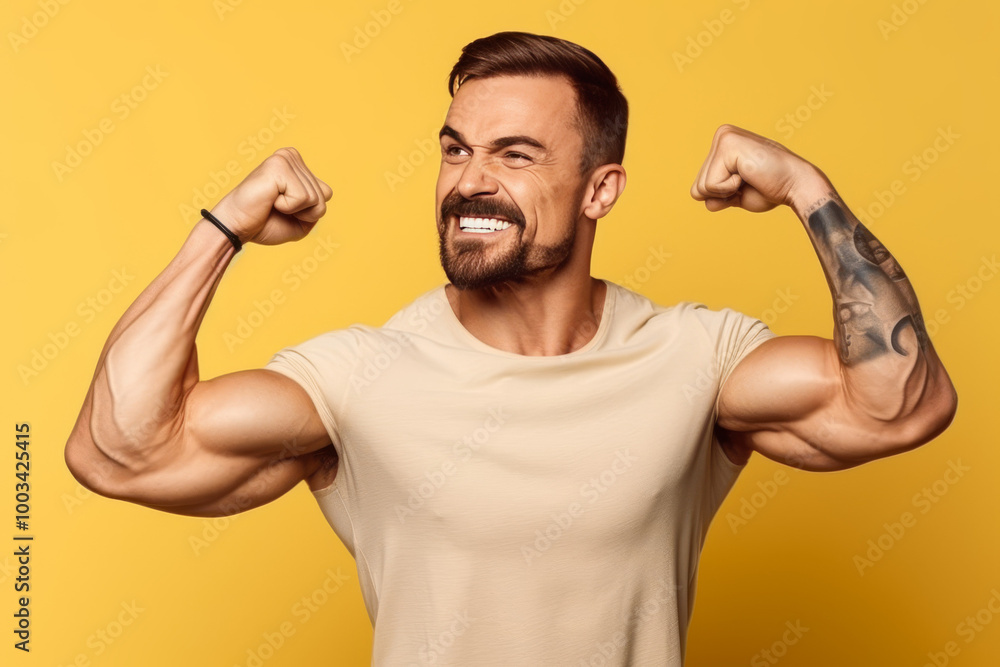 Fototapeta premium Muscular Man Flexing Biceps Confidence Fitness Strength Tattoo Yellow Background