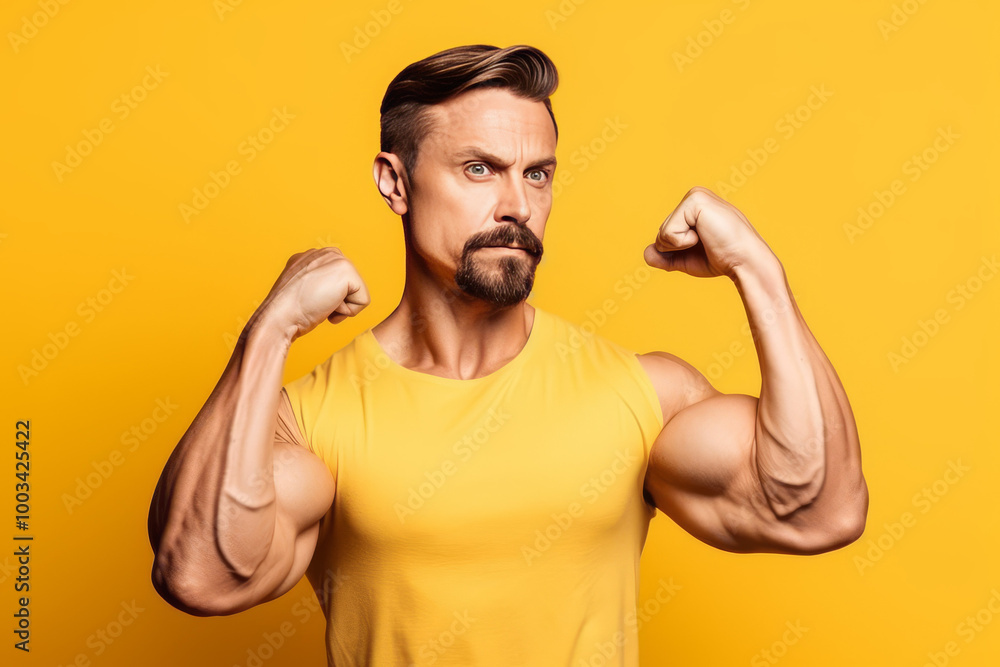 Muscular Man Flexing Biceps on Yellow Background Muscular Man Flexing Biceps on Yellow Background