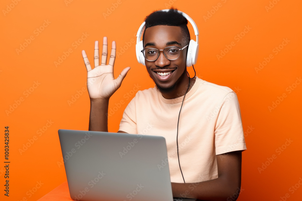 Happy Black Man Waving With Laptop And Headphones On Orange Background Happy Black Man Waving With Laptop And Headphones On Orange Background