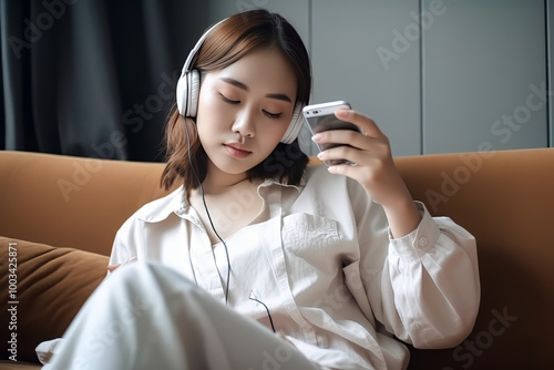 Young Woman Listening to Music on Headphones and Smartphone