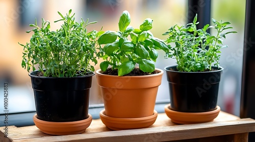 Fresh Green Herbs in Pots on Windowsill