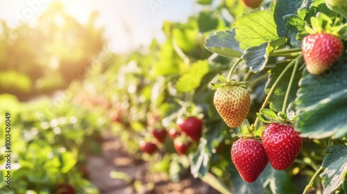 A beautiful strawberry garden, with rows of vibrant red strawberries glistening under the sun against a clean, fresh green background.