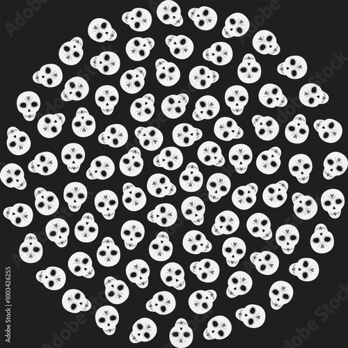 Painted Skulls round decorative background texture in grayscale. Day of the dead wallpaper concept