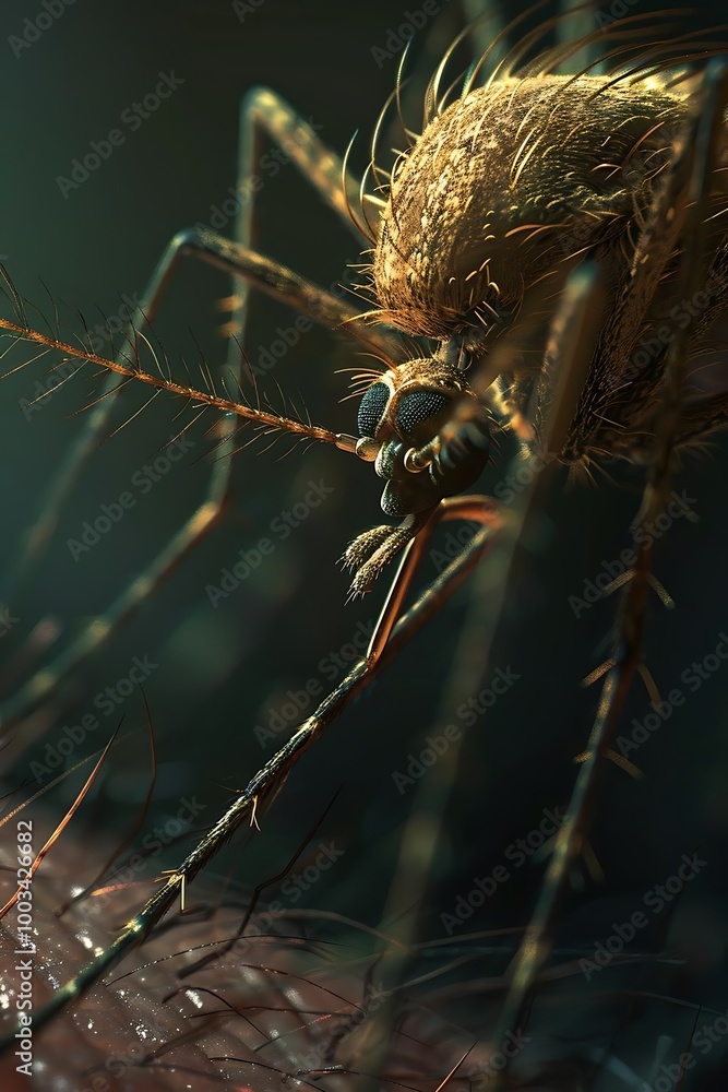 A detailed close-up of a mosquito, showcasing its features and textures. A detailed close-up of a mosquito, showcasing its features and textures.
