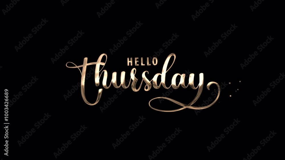 Hello Thursday Handwritten Animated Text in Gold Color with particle effect , suitable for social media posts, greeting cards, posters, and website banners. alpha channel only 4k. Hello Thursday Handwritten Animated Text in Gold Color with particle effect , suitable for social media posts, greeting cards, posters, and website banners. alpha channel only 4k.