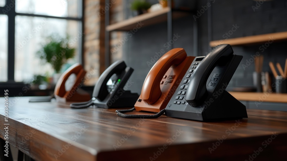 Retro Phones on Stylish Wooden Table Retro Phones on Stylish Wooden Table