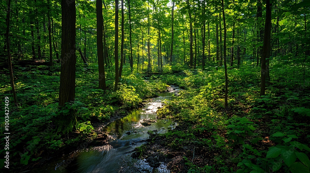 Sunlight streams through the canopy of a lush green forest, illuminating a small stream winding its way through the undergrowth. Sunlight streams through the canopy of a lush green forest, illuminating a small stream winding its way through the undergrowth.