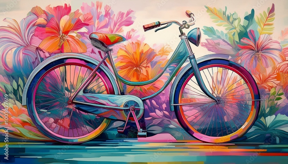 Fototapeta premium A vibrant retro bicycle glowing with neon lights, blending 1950s charm and futuristic allure. Its colorful LED wheels and radiant frame create a captivating, modern masterpiece.