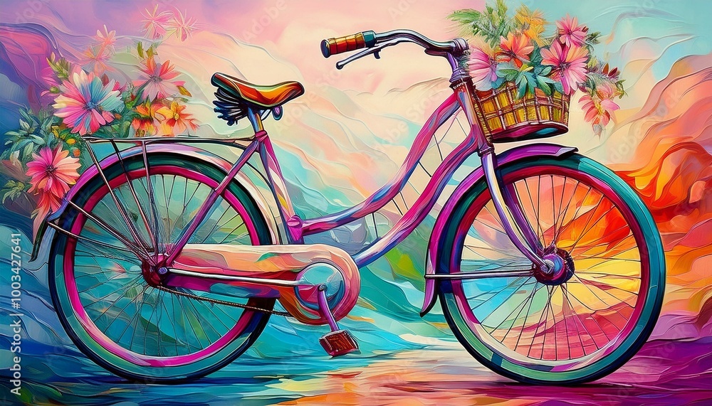 Fototapeta premium A vibrant retro bicycle glowing with neon lights, blending 1950s charm and futuristic allure. Its colorful LED wheels and radiant frame create a captivating, modern masterpiece.