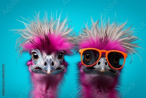 Two colorful ostriches with funky hairstyles and sunglasses against a vibrant background.