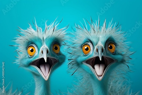 Two whimsical, cartoonish birds with bright blue feathers and expressive faces. photo