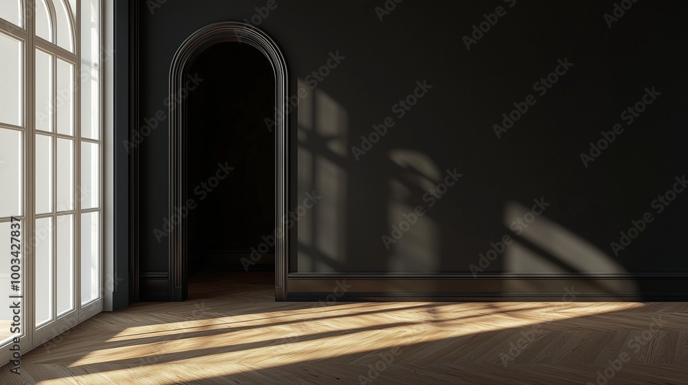 Fototapeta premium Black wall room with shadow window sunlight and arch entrance on empty house