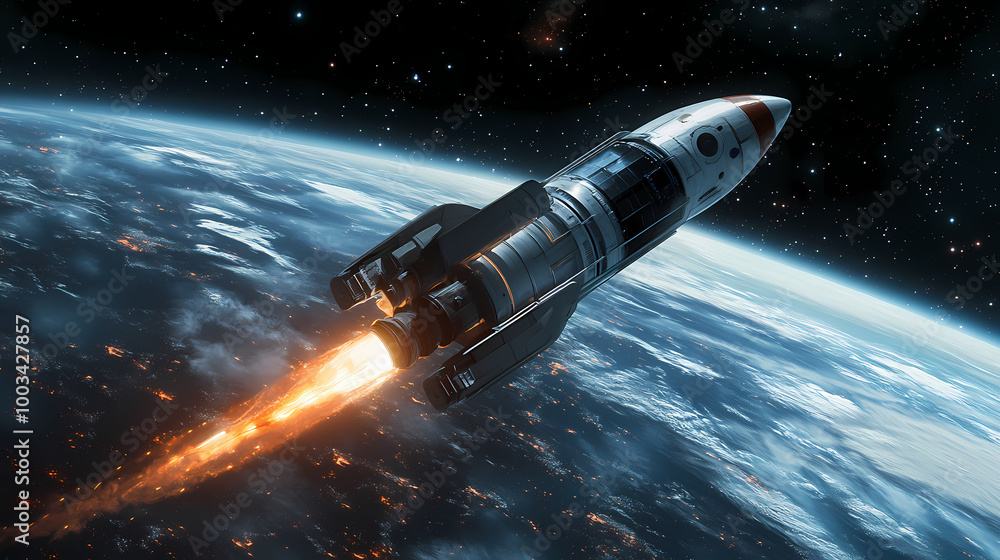Rocket's rise from earth: envisioning humanity's spread across space. Interstellar Travel. Illustration Rocket's rise from earth: envisioning humanity's spread across space. Interstellar Travel. Illustration