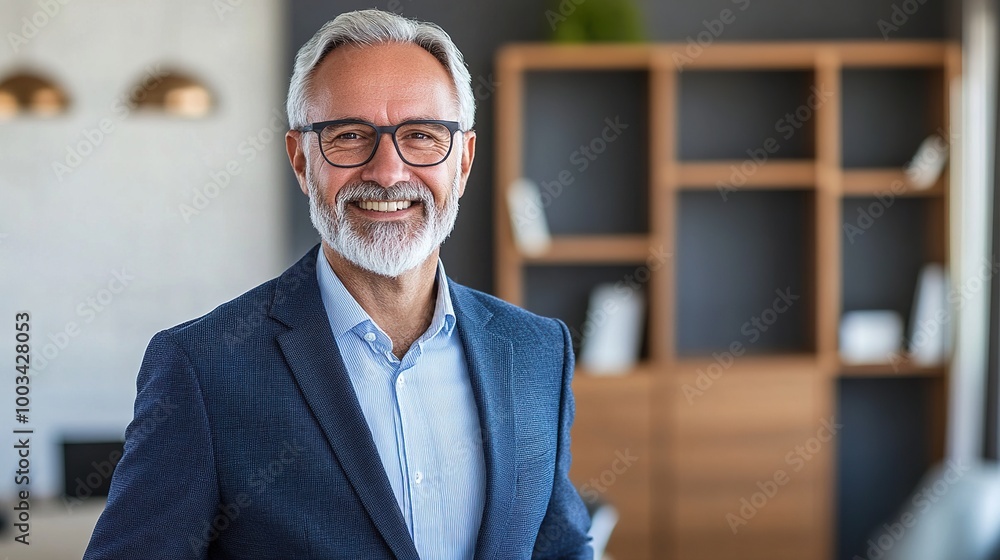 Confident Businessman Smiling in Modern Office Setting Confident Businessman Smiling in Modern Office Setting
