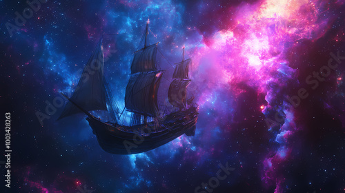 Fototapeta Naklejka Na Ścianę i Meble -  Space sailing ship navigating through cosmic realms, highlighting interstellar travel and fantasy technology. Interstellar Travel. Illustration