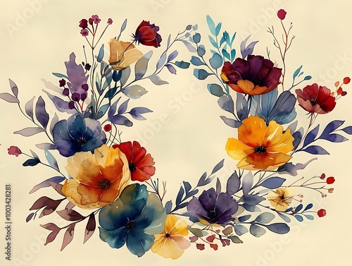 A vibrant floral arrangement featuring various colorful flowers and leaves.