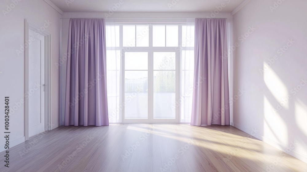 Minimalist empty living room with large window and white curtain interior Minimalist empty living room with large window and white curtain interior