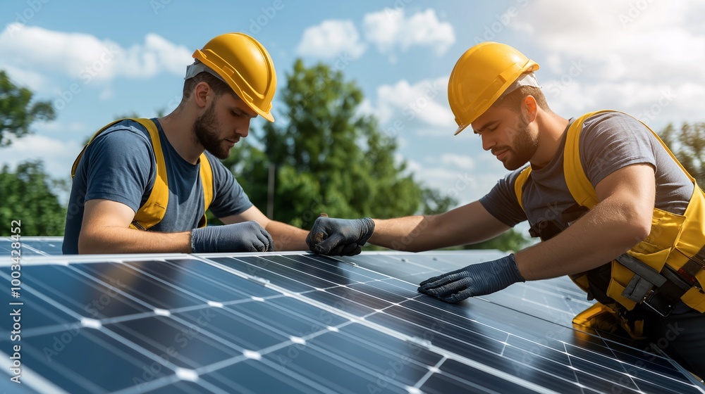 Skilled Workers Install Solar Panels on Rooftop Skilled Workers Install Solar Panels on Rooftop