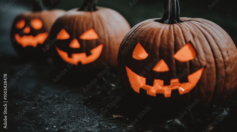 A dark forest path lined with jack-o'-lanterns, their eerie faces glowing as mist rises from the ground in the distance. A dark forest path lined with jack-o'-lanterns, their eerie faces glowing as mist rises from the ground in the distance.