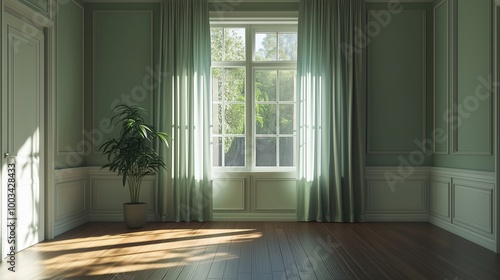 Minimalist empty living room with large window and green curtain interior