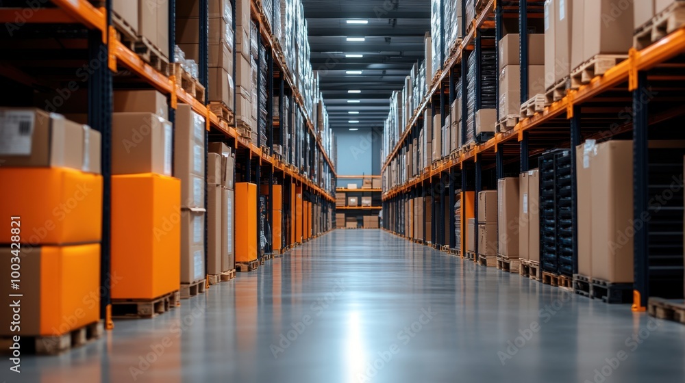 Fototapeta premium Spacious Warehouse Aisle with Stacked Boxes