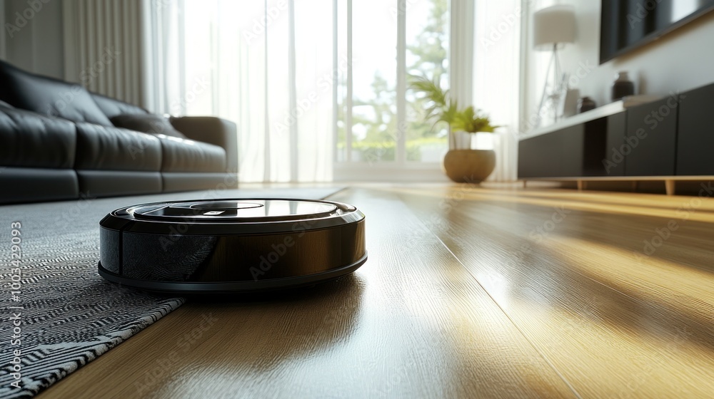 Robot Vacuum Cleaner in Modern Living Room Robot Vacuum Cleaner in Modern Living Room