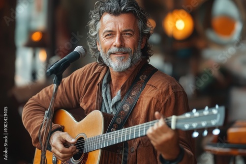 Mature Musician with Beard Strums Guitar and Sings in Cozy Home Studio Environment