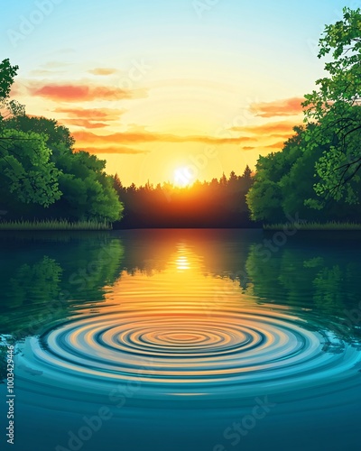 Tranquil sunset over a still lake with ripples in the water.