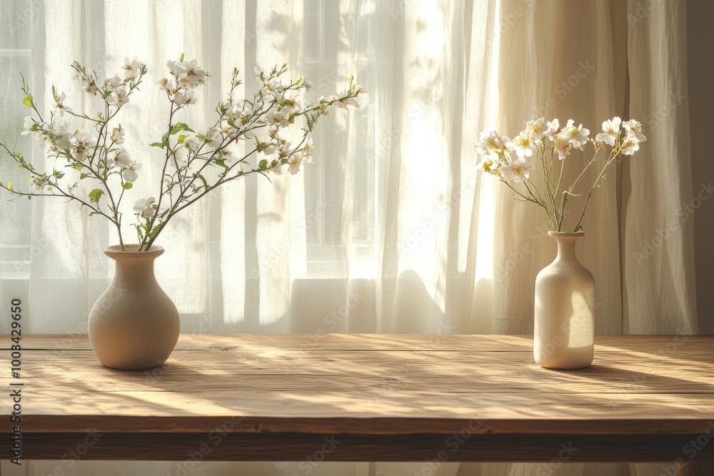 Tranquil Dining Atmosphere with a Minimalist Wooden Table and Gentle Afternoon Light